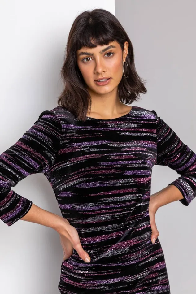 Women Pink Glitter Stripe Print Velvet Dress Roman Dresses