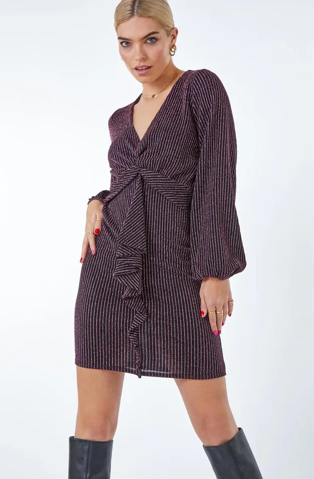 Women Pink Glitter Stripe Twist Front Mini Dress Roman Dresses