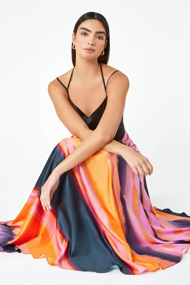 Women Pink Luxe Colourblock Fit and Flare Maxi Dress Roman Dresses