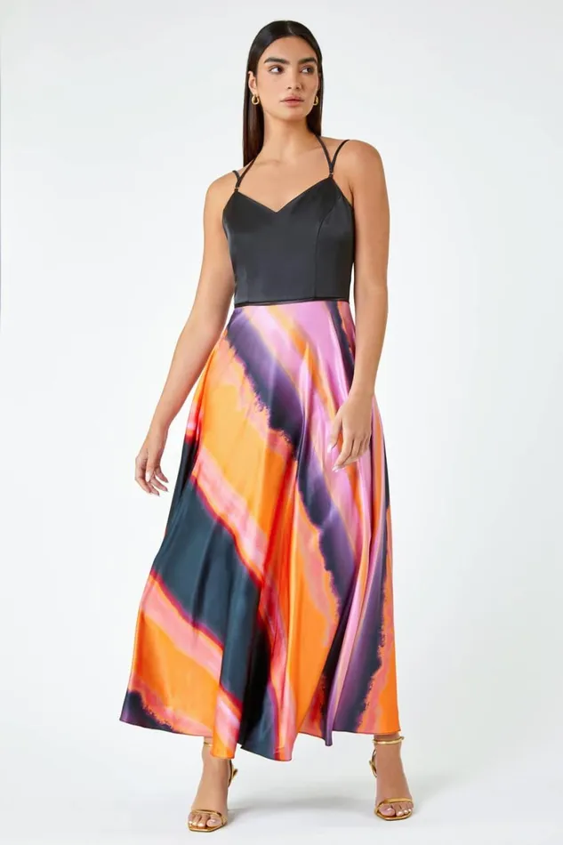 Women Pink Luxe Colourblock Fit and Flare Maxi Dress Roman Dresses
