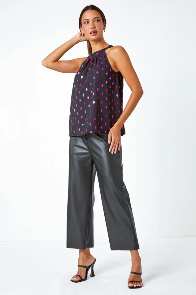Women Pink Metallic Polka Dot Print Halterneck Top Roman Tops