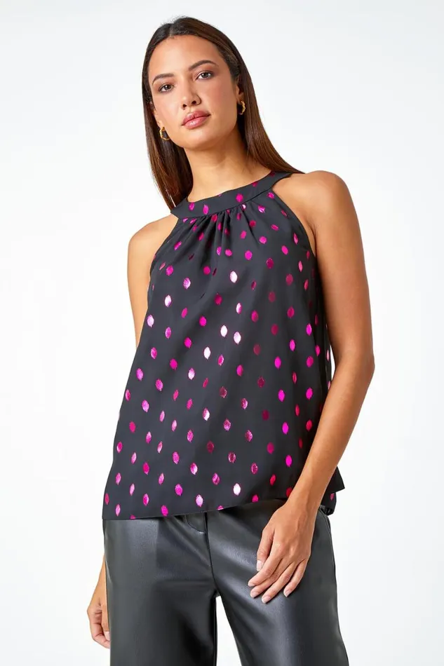 Women Pink Metallic Polka Dot Print Halterneck Top Roman Tops