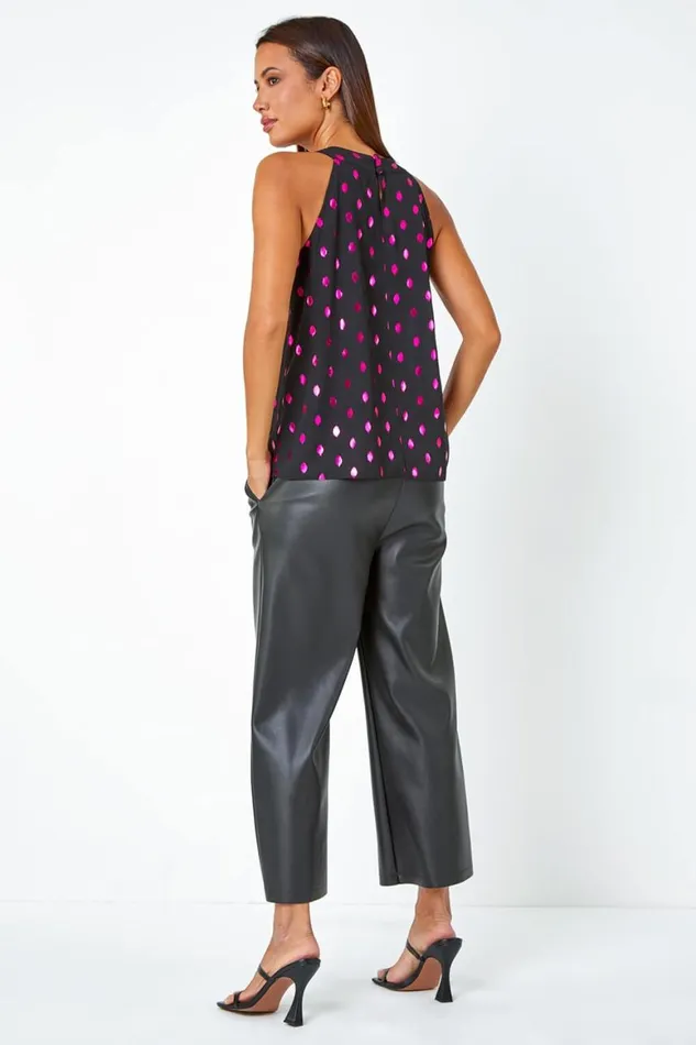Women Pink Metallic Polka Dot Print Halterneck Top Roman Tops