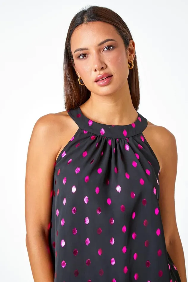 Women Pink Metallic Polka Dot Print Halterneck Top Roman Tops
