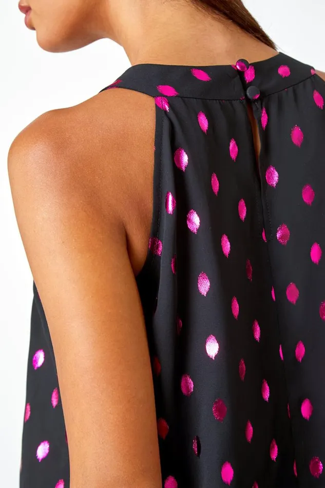 Women Pink Metallic Polka Dot Print Halterneck Top Roman Tops