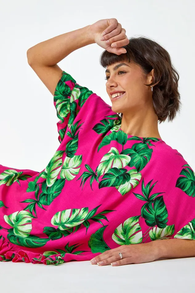 Women Pink Palm Print Frill Detail Oversized Top Roman Tops