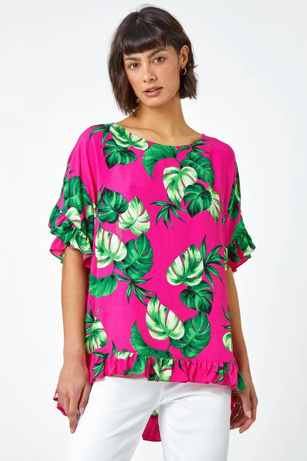 Women Pink Palm Print Frill Detail Oversized Top Roman Tops