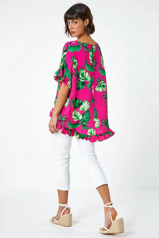 Women Pink Palm Print Frill Detail Oversized Top Roman Tops