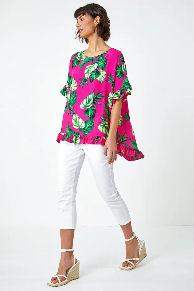 Women Pink Palm Print Frill Detail Oversized Top Roman Tops
