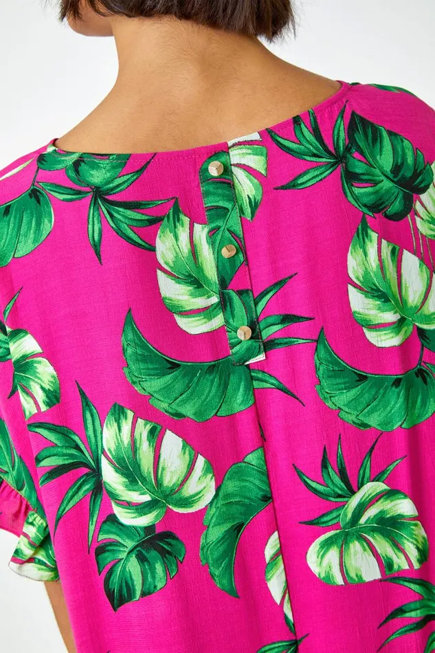 Women Pink Palm Print Frill Detail Oversized Top Roman Tops