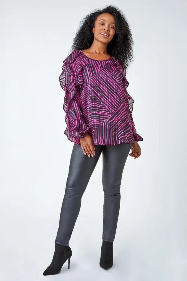 Women Pink Petite Abstract Print Frill Detail Top Roman Tops