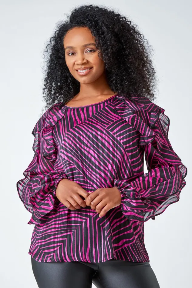 Women Pink Petite Abstract Print Frill Detail Top Roman Tops