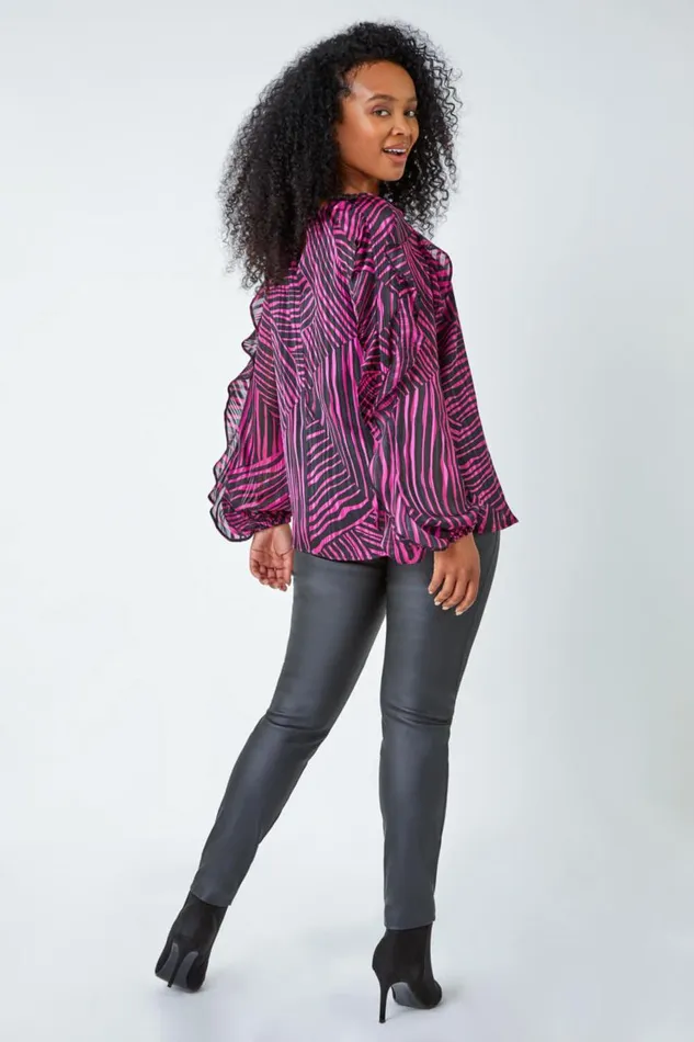 Women Pink Petite Abstract Print Frill Detail Top Roman Tops