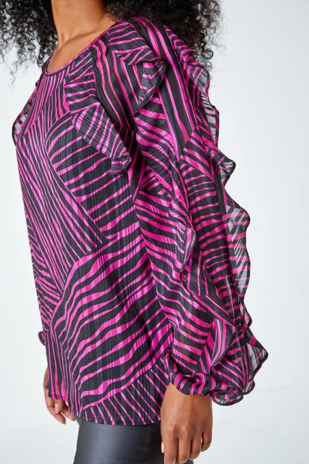 Women Pink Petite Abstract Print Frill Detail Top Roman Tops