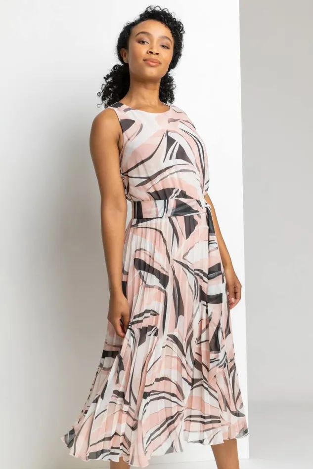 Women Pink Petite Abstract Print Pleated Midi Dress Roman Dresses
