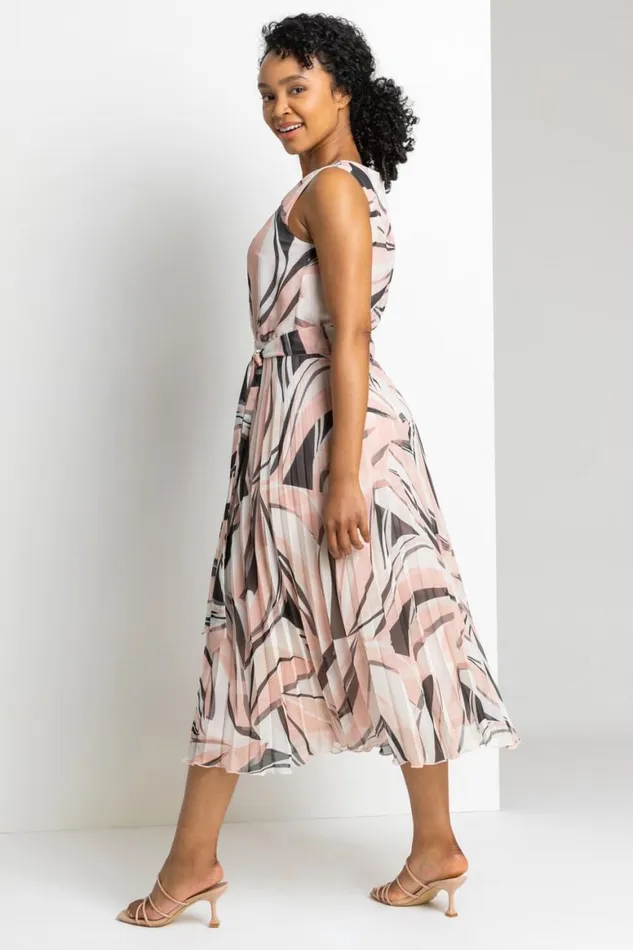 Women Pink Petite Abstract Print Pleated Midi Dress Roman Dresses
