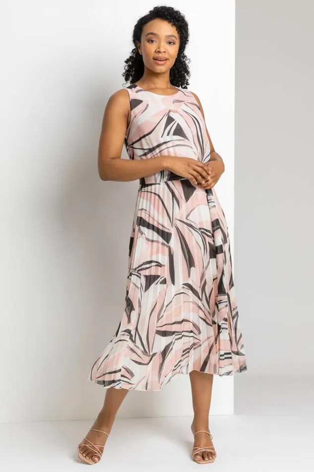 Women Pink Petite Abstract Print Pleated Midi Dress Roman Dresses