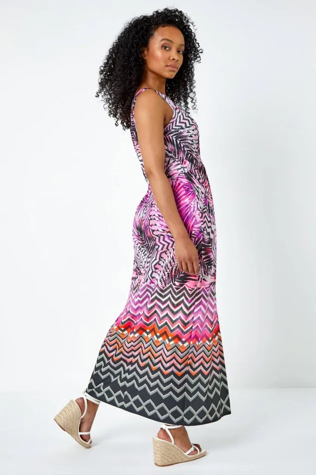 Women Pink Petite Abstract Print Ruched Wrap Maxi Dress Roman Dresses