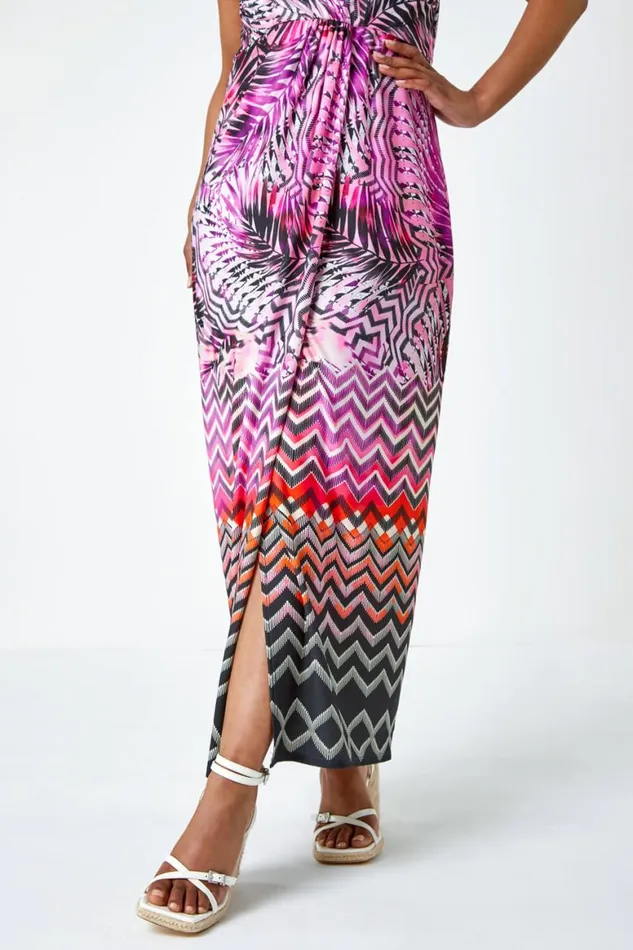 Women Pink Petite Abstract Print Ruched Wrap Maxi Dress Roman Dresses