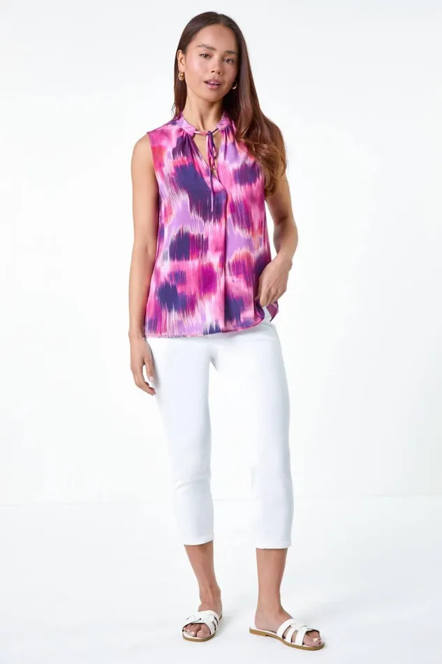 Women Pink Petite Abstract Print Tie Detail Top Roman Tops