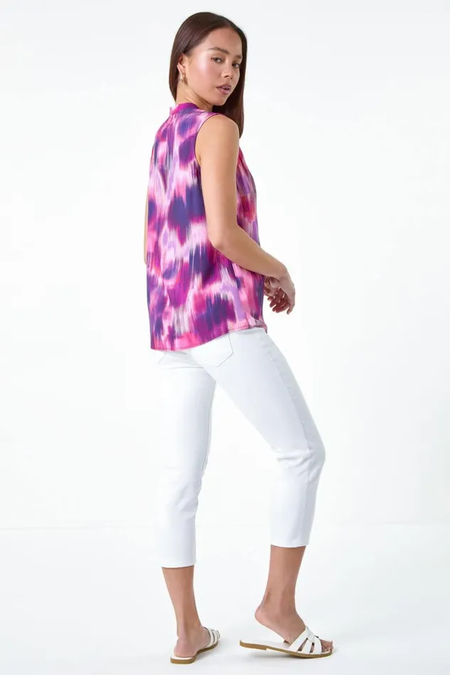Women Pink Petite Abstract Print Tie Detail Top Roman Tops