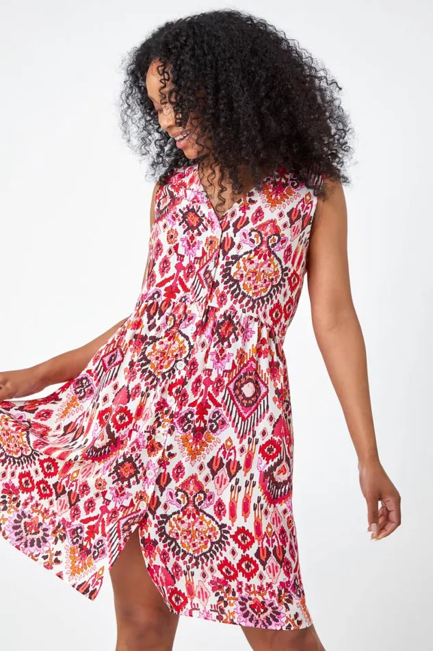 Women Pink Petite Aztec Print Tunic Shirt Dress Roman Dresses