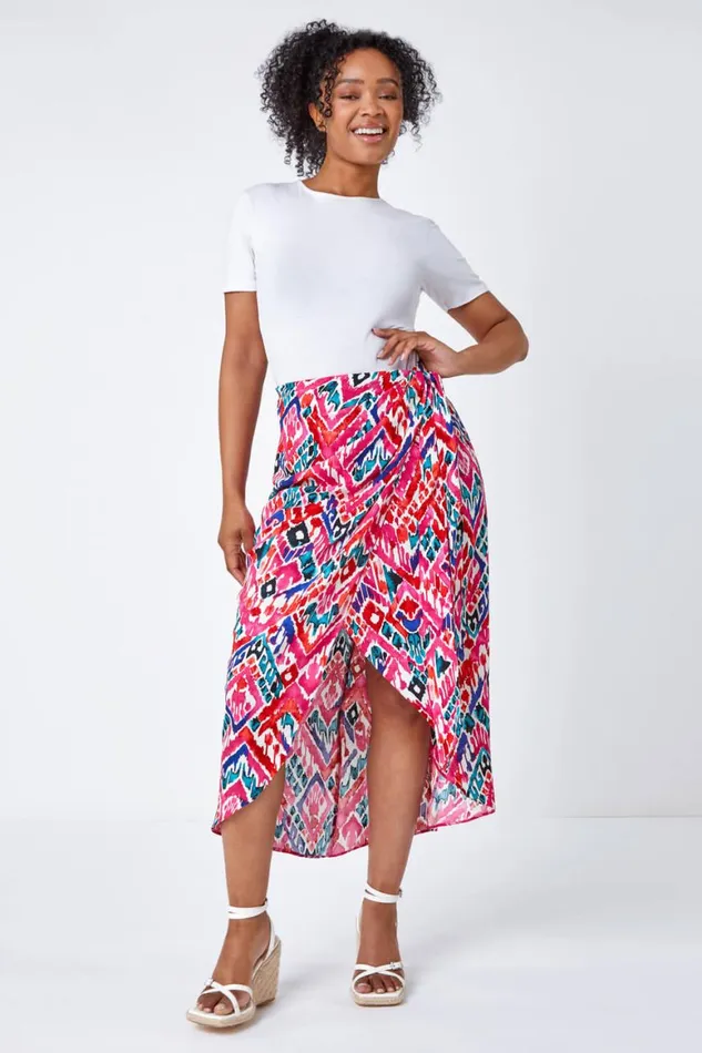 Women Pink Petite Aztec Wrap Around Skirt Roman Skirts