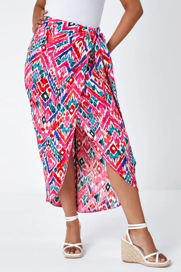 Women Pink Petite Aztec Wrap Around Skirt Roman Skirts