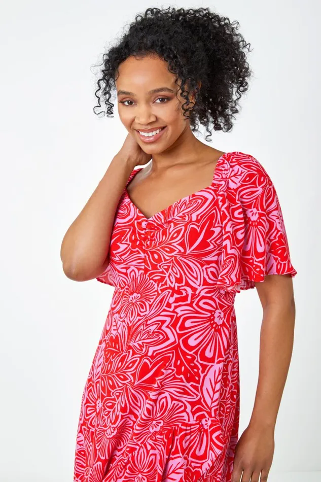 Women Pink Petite Floral Print Ruched Midi Dress Roman Dresses