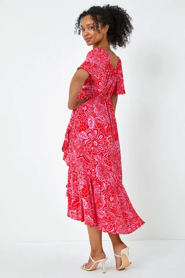 Women Pink Petite Floral Print Ruched Midi Dress Roman Dresses