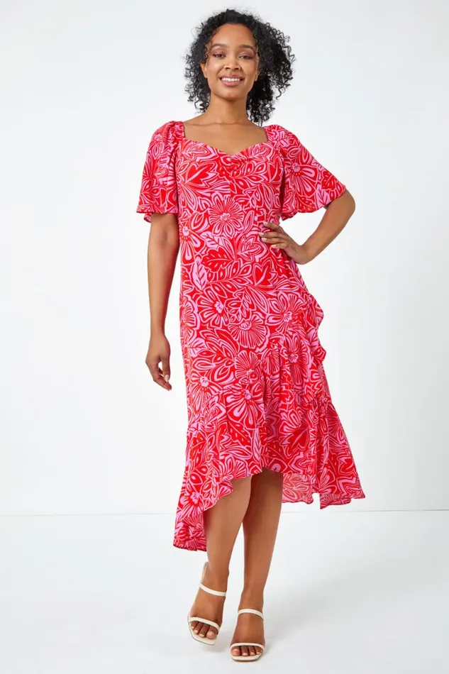 Women Pink Petite Floral Print Ruched Midi Dress Roman Dresses