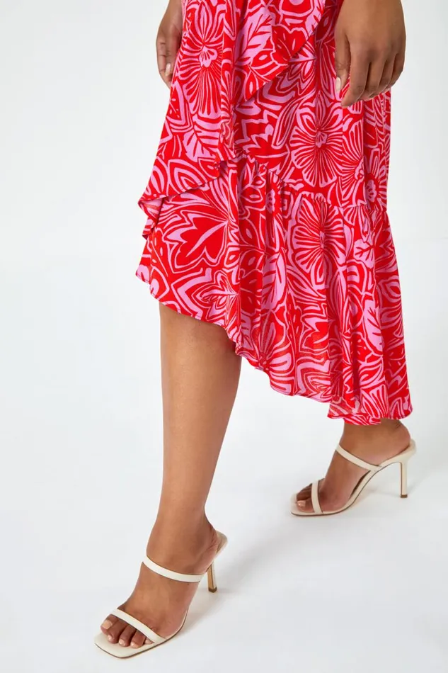 Women Pink Petite Floral Print Ruched Midi Dress Roman Dresses