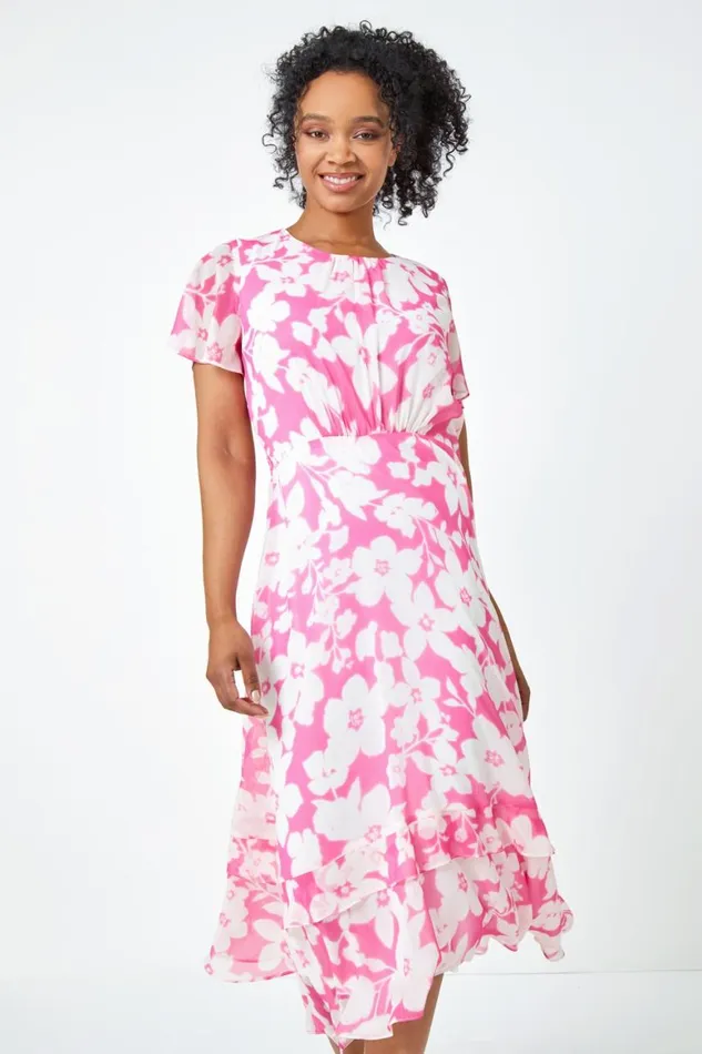 Women Pink Petite Frill Hem Floral Midi Dress Roman Dresses
