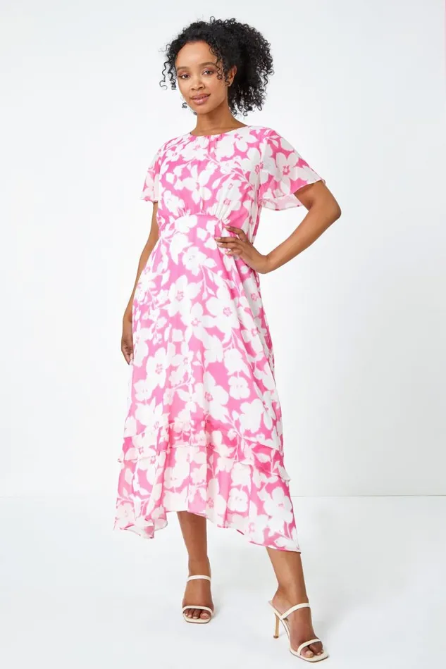 Women Pink Petite Frill Hem Floral Midi Dress Roman Dresses