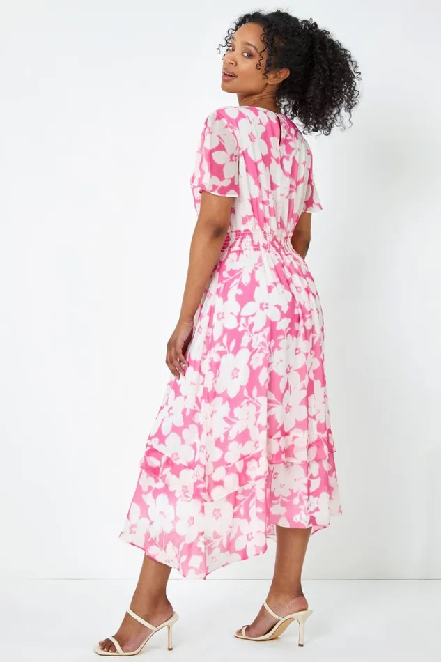 Women Pink Petite Frill Hem Floral Midi Dress Roman Dresses