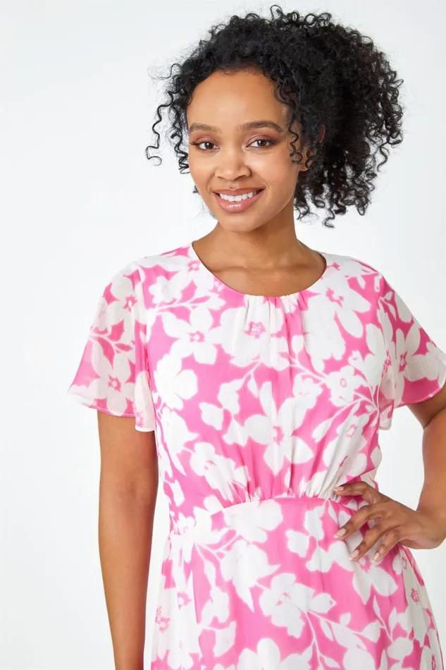 Women Pink Petite Frill Hem Floral Midi Dress Roman Dresses
