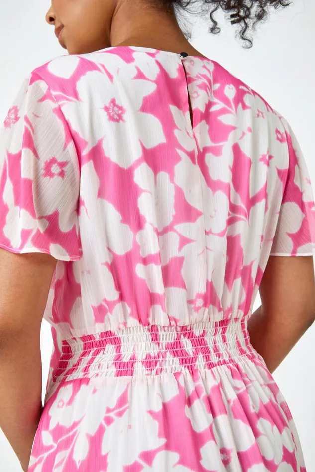 Women Pink Petite Frill Hem Floral Midi Dress Roman Dresses