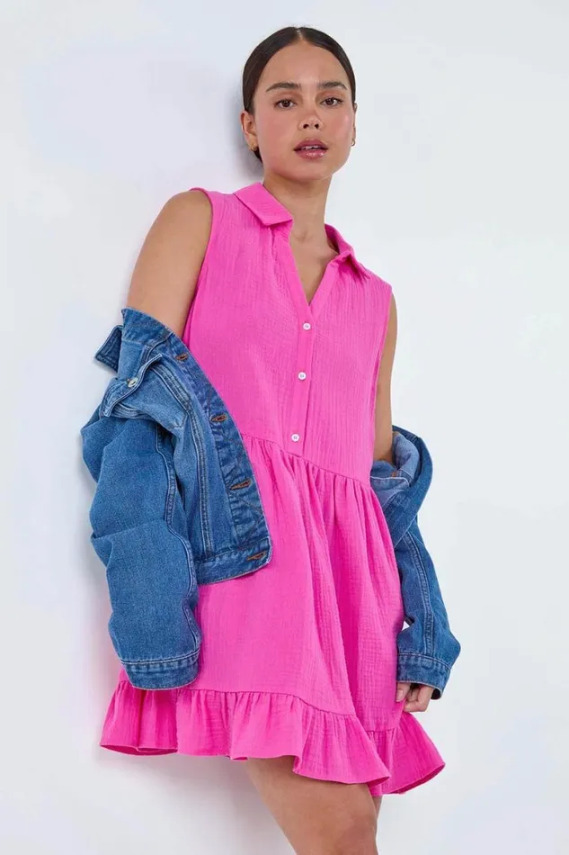 Women Pink Petite Textured Cotton Frill Tunic Dress Roman Dresses