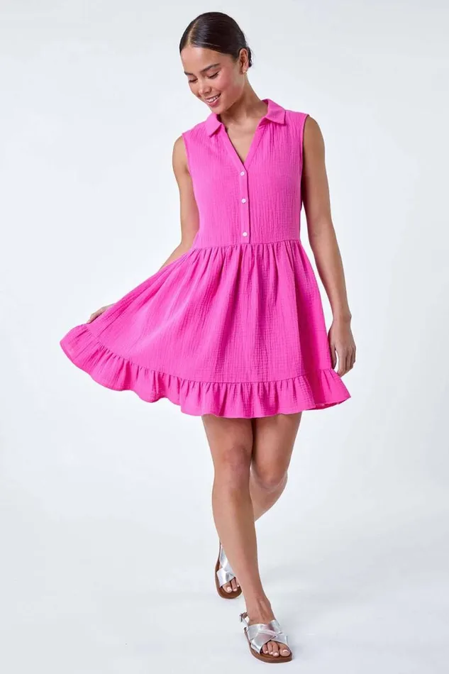 Women Pink Petite Textured Cotton Frill Tunic Dress Roman Dresses
