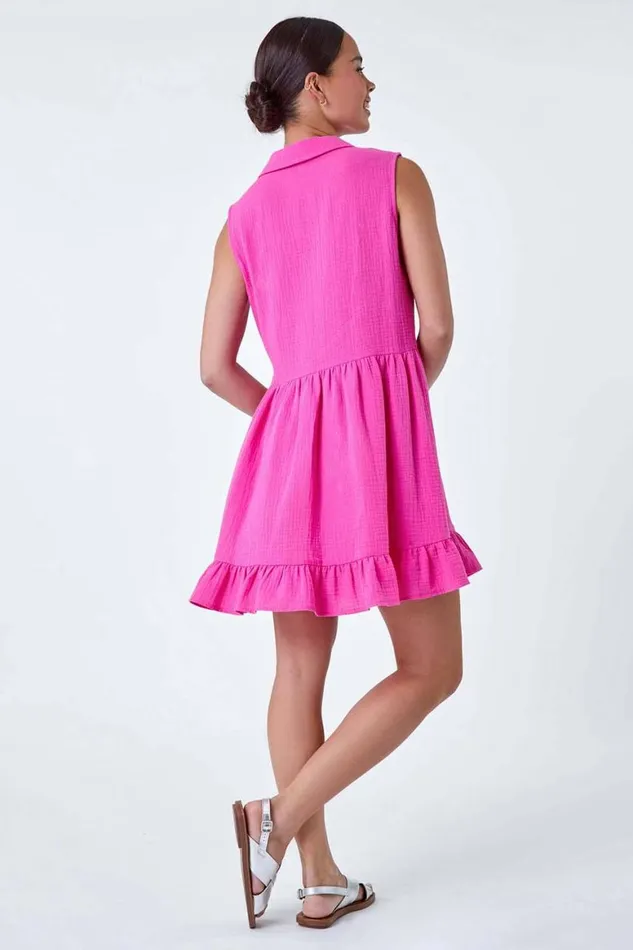 Women Pink Petite Textured Cotton Frill Tunic Dress Roman Dresses