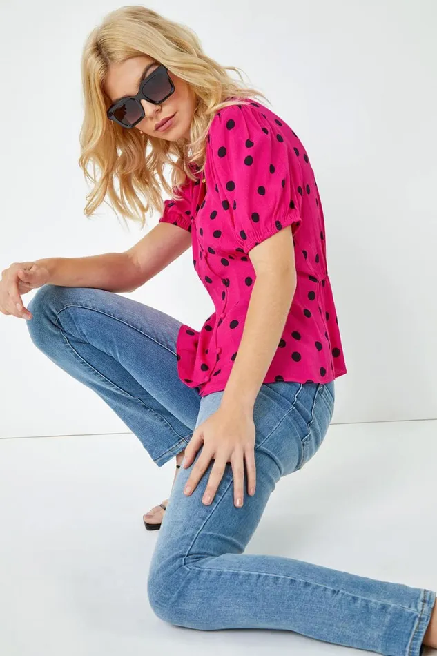 Women Pink Polka Dot Tea Blouse Roman Tops