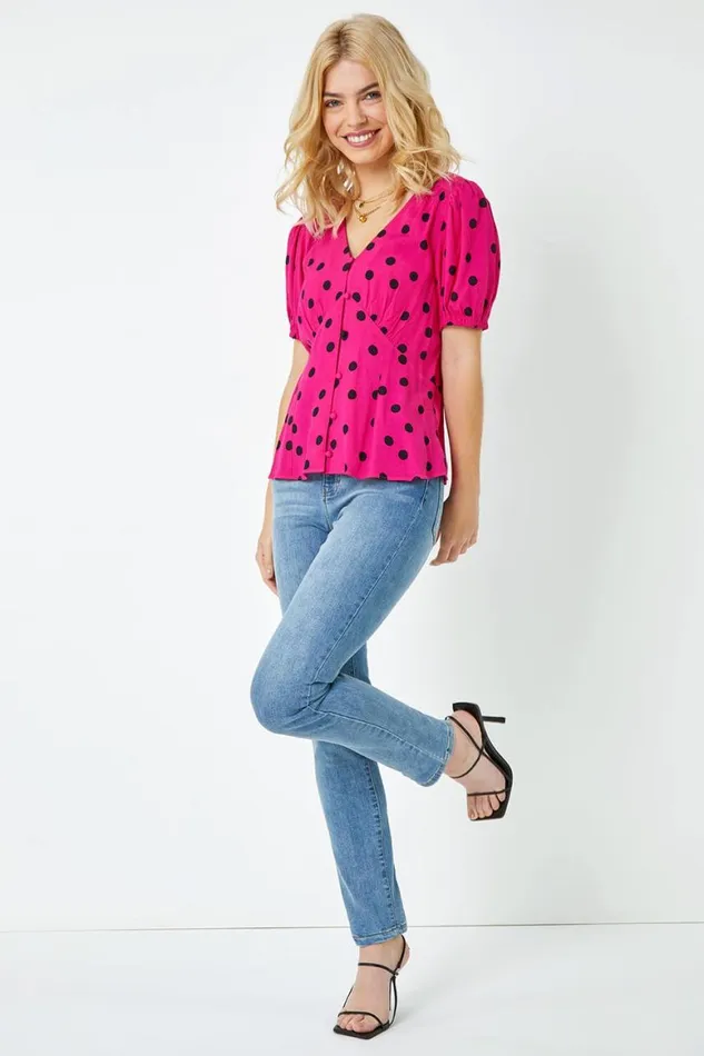 Women Pink Polka Dot Tea Blouse Roman Tops