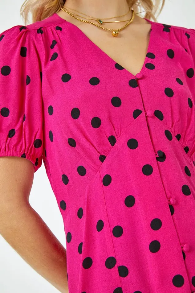 Women Pink Polka Dot Tea Blouse Roman Tops