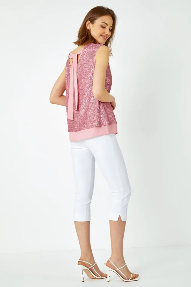 Women Pink Sequin Tie Back Detail Top Roman Tops
