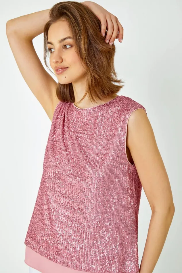Women Pink Sequin Tie Back Detail Top Roman Tops