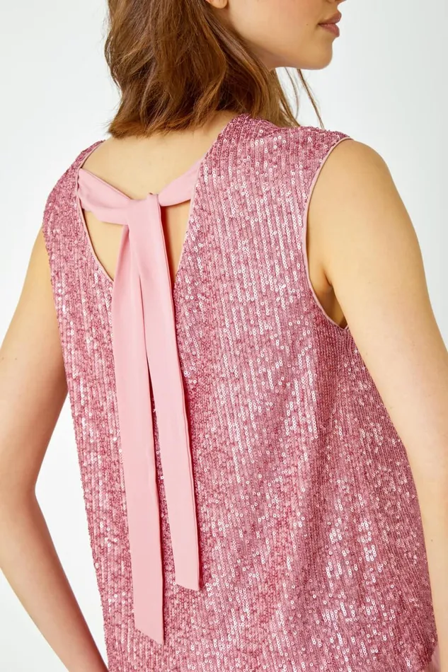 Women Pink Sequin Tie Back Detail Top Roman Tops