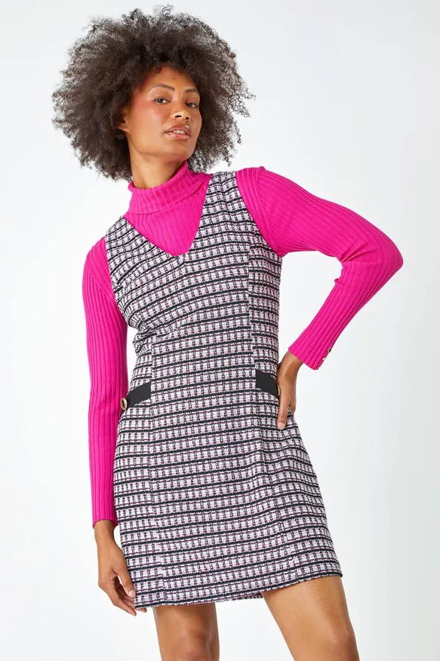 Women Pink Sleeveless Houndstooth Stretch Dress Roman Dresses