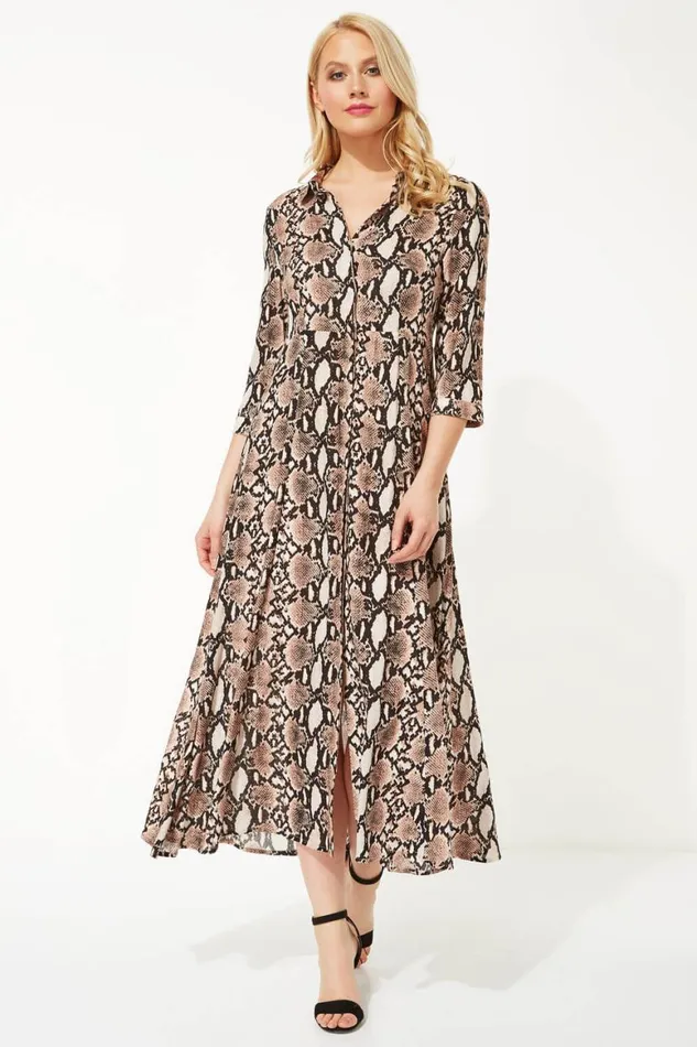 Women Pink Snake Print Shirt Maxi Dress Roman Dresses
