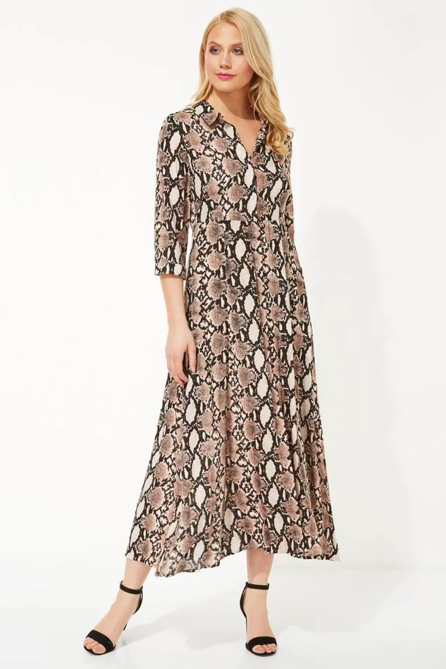 Women Pink Snake Print Shirt Maxi Dress Roman Dresses