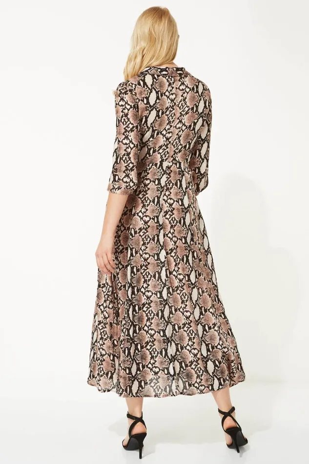 Women Pink Snake Print Shirt Maxi Dress Roman Dresses